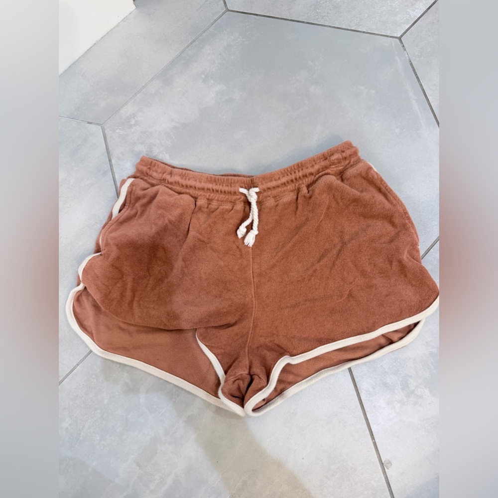 Rylee + Cru Rust Brown Terry Shorts with Cream Trim